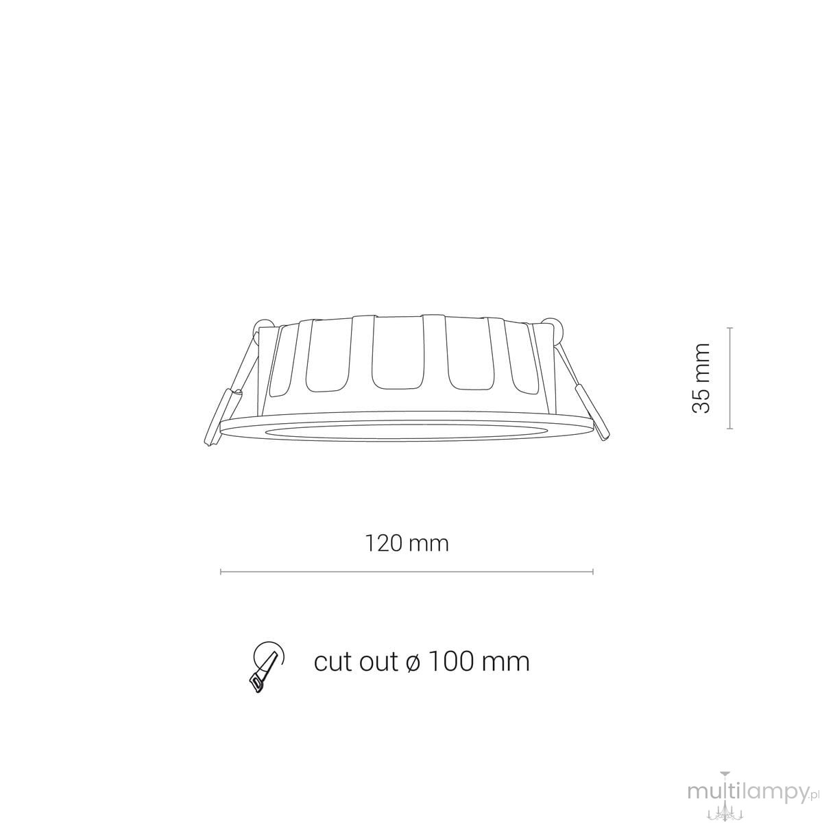 Oprawa sufitowa CL Kos LED o mocy 8W i jasności 650lm, barwa światła 3000K, w kolorze białym. Wymiary: średnica 120 mm, wysokość 35 mm, otwór montażowy 100 mm. Ujęcie z boku, pokazujące detale konstrukcji i wymiary.