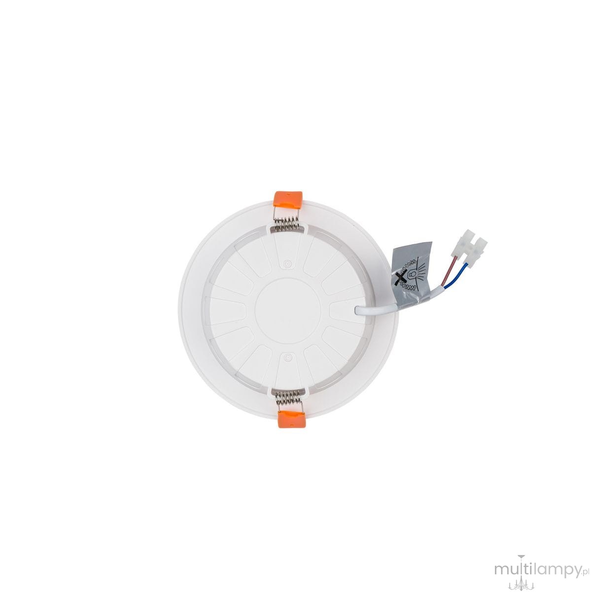 Oprawa LED CL Kos o mocy 10W, strumieniu świetlnym 1100lm, w temperaturze barwowej 4000K. Produkt w kolorze białym, okrągły, z widocznymi zatrzaskami i przewodami. Ujęcie z góry, ukazujące szczegóły konstrukcji.