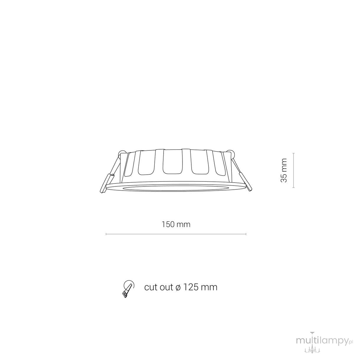 Oprawa LED CL Kos, biała, 10W, 1100lm, 4000K. Okrągła konstrukcja o średnicy 150 mm i wysokości 35 mm, z otworem montażowym Ø 125 mm. Widok z góry, z wyraźnym rysunkiem detali.