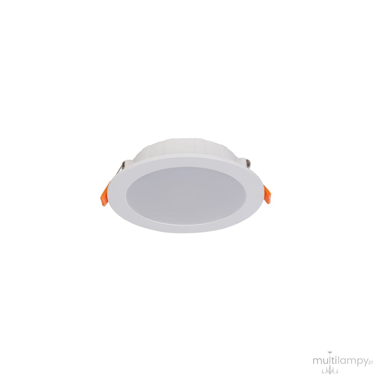 Oprawa sufitowa LED CL Kos, biała, średnica okrągła, moc 10W, strumień świetlny 1100lm, temperatura barwowa 4000K. Ujęcie z boku, widoczne metalowe mocowania.