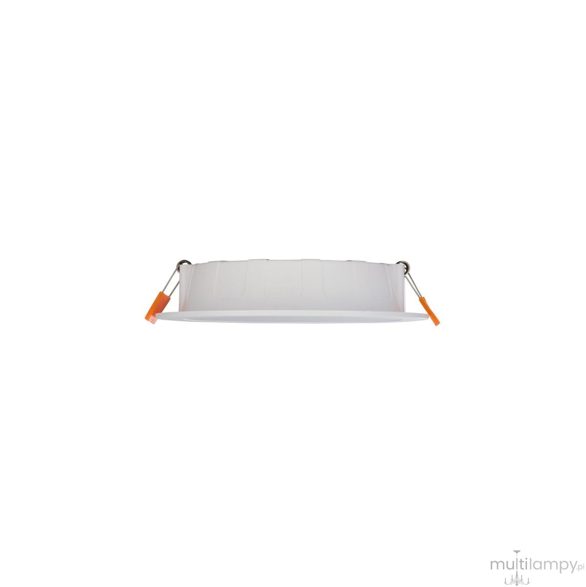 Biała oprawa do zabudowy CL Kos LED o mocy 16W i jasności 1600lm, z temperaturą barwową 4000K. Zbliżenie na okrągły kształt z metalowymi zaczepami i pomarańczowymi detalami. Produkt montowany w sufitach.