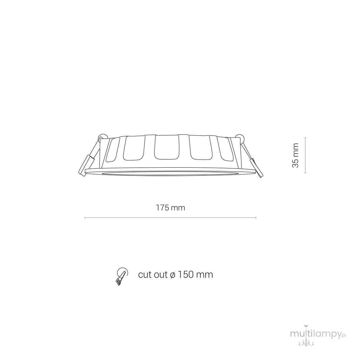 Oprawa LED CL Kos o mocy 16W i strumieniu świetlnym 1600 lm, w kolorze białym. Wymiary: średnica 175 mm, wysokość 35 mm, wycięcie o średnicy 150 mm. Płaska konstrukcja z wyraźnymi liniami.