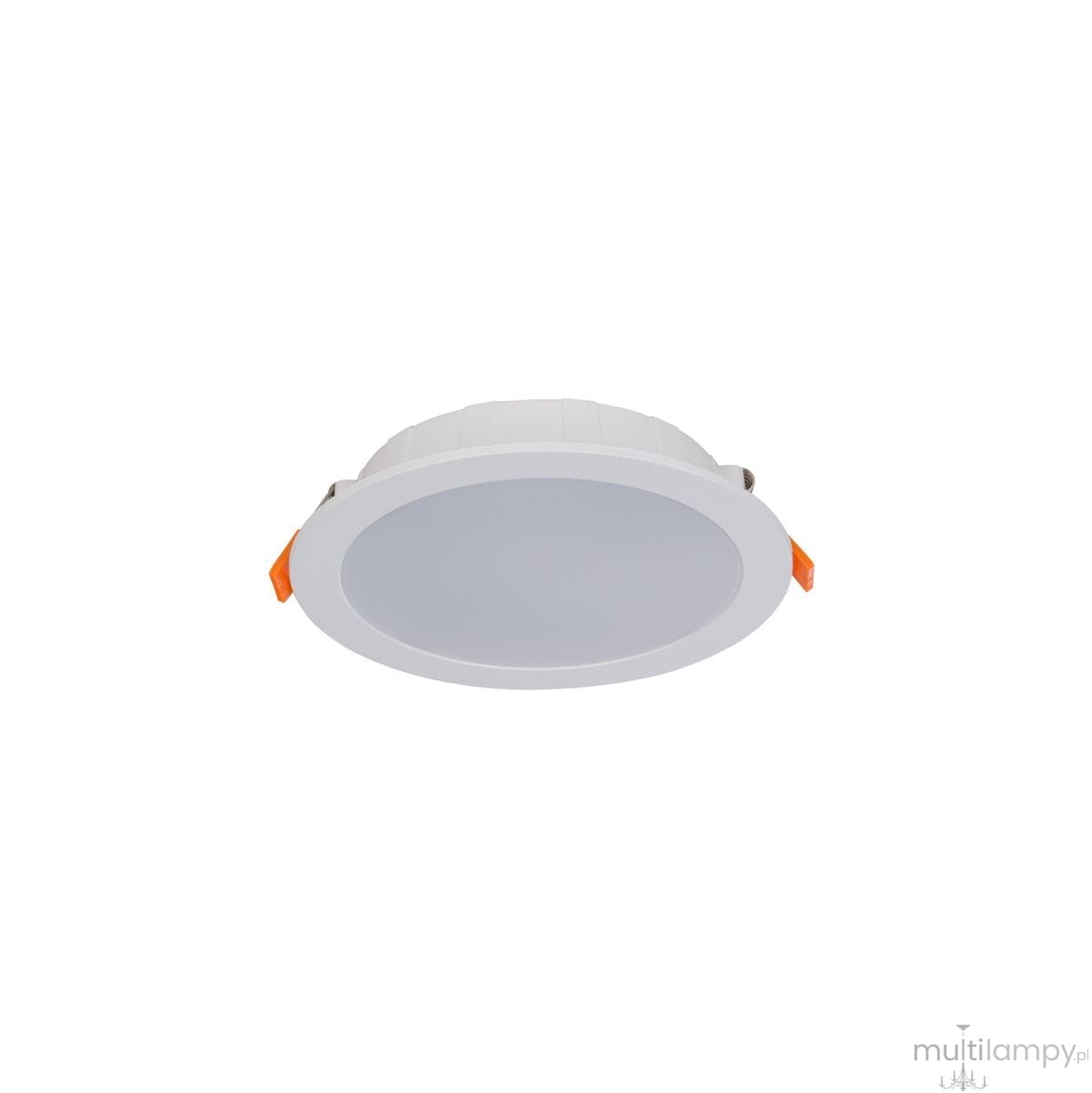 Oprawa LED do zabudowy CL Kos, 16W, 1600lm, 4000K, w białym kolorze. Okrągła, z gładką powierzchnią, zamontowana w sufit, z pomarańczowymi uchwytami. Idealna do oświetlenia wnętrz.