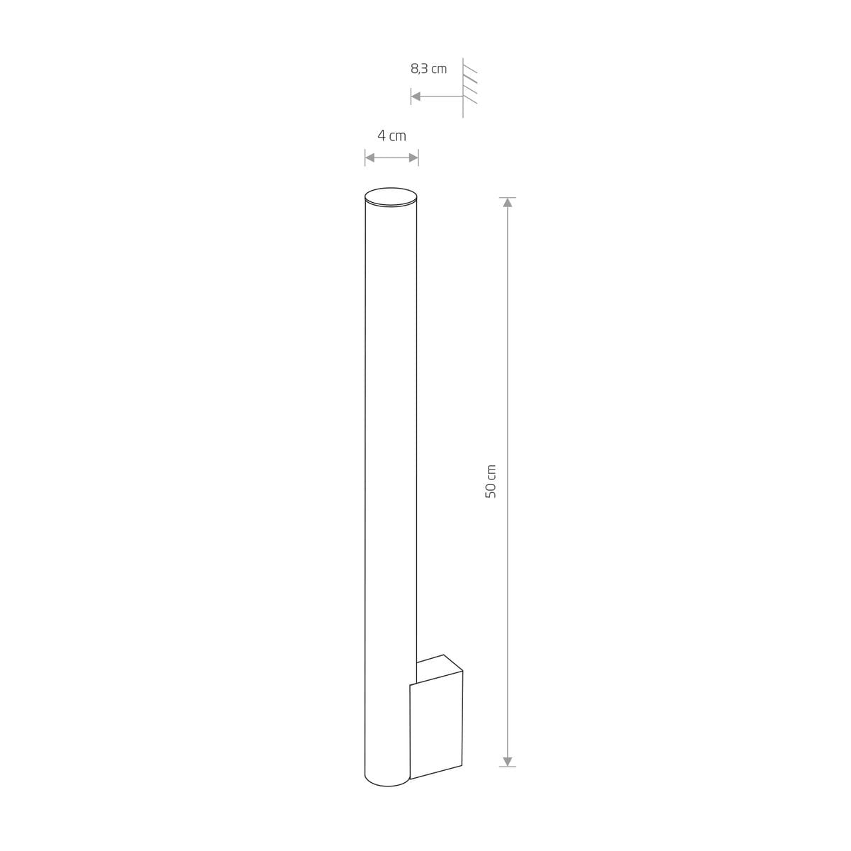 Kinkiet Ice Tube M LED w chromowanej obudowie, o wymiarach 50 cm wysokości i 4 cm średnicy, z prostokątną podstawą. Ujęcie z boku, ukazujące prosty, cylindryczny kształt i minimalistyczny design.