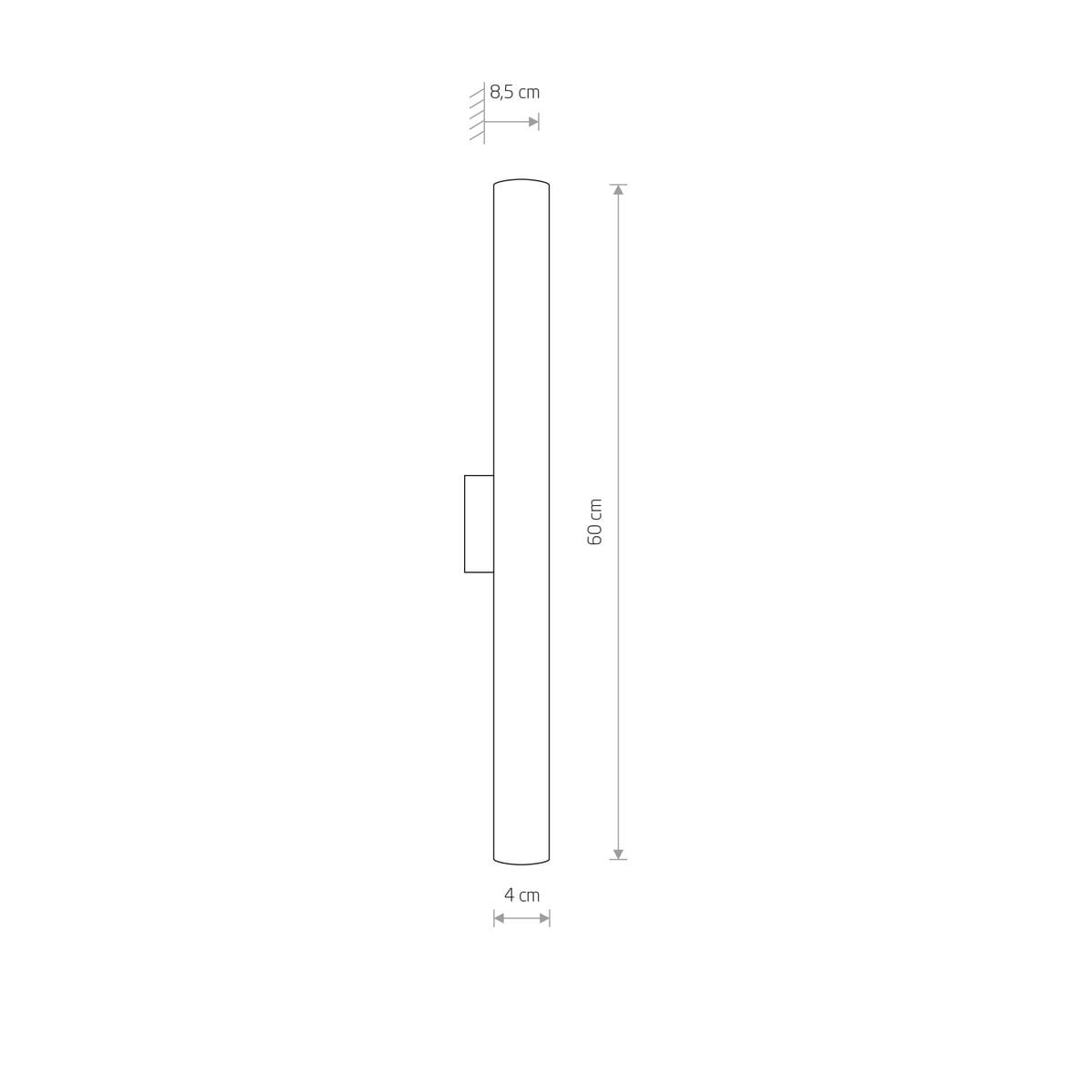 Kinkiet Ice Tube S LED w kolorze chromu, o wymiarach 60 cm wysokości i 4 cm średnicy, z prostą, cylindryczną konstrukcją. Montowany na ścianie, prezentowany z boku, z widocznym mocowaniem. Idealny do nowoczesnych wnętrz.