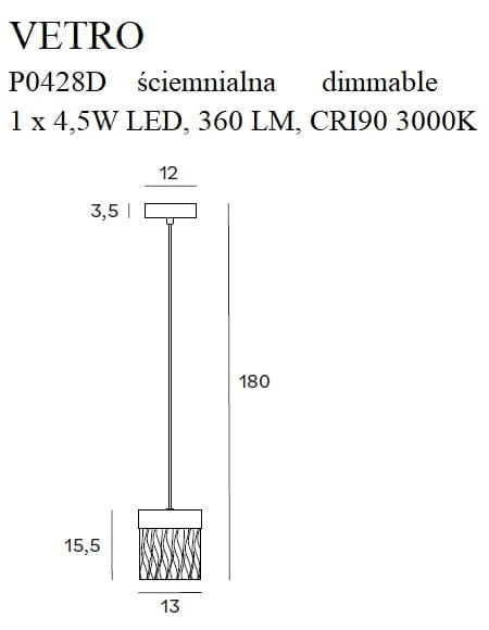 Złota lampa wisząca Vetro P0428D, 1-punktowa, z regulacją jasności. Wymiary: wysokość 180 cm, średnica klosza 13 cm. Wyposażona w 4,5 W LED, 360 LM, CRI 90, 3000K. Prosta, elegancka forma z teksturowanym kloszem.