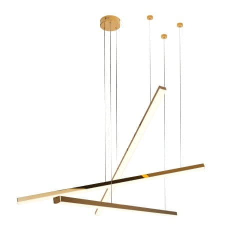 Trio LED lampa wisząca 3-punktowa w kolorze złotym, z trzema poziomymi ramionami o różnej długości, zawieszona na cienkich linkach. Okrągła podsufitka w złotym kolorze, minimalistyczny design, idealna do nowoczesnych wnętrz.