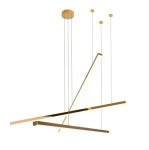 Trio LED lampa wisząca 3-punktowa w kolorze złotym, z trzema poziomymi ramionami o różnej długości, zawieszona na cienkich linkach. Okrągła podsufitka w złotym kolorze, minimalistyczny design, idealna do nowoczesnych wnętrz.