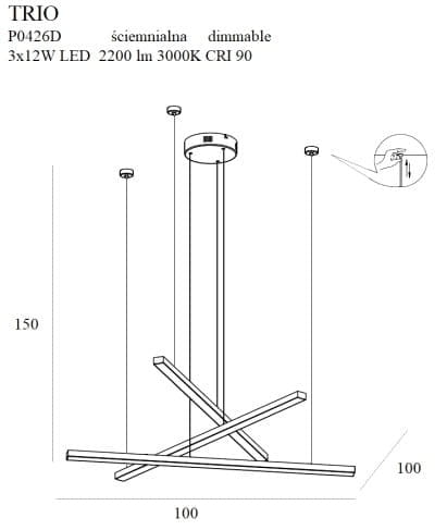 Trio LED lampa wisząca 3-punktowa w złotym kolorze, z trzema ramionami w kształcie krzyżowym. Wymiary: długość 100 cm, wysokość 150 cm. Lampa jest ściemnialna, z źródłem LED 3x12W, emitującym 2200 lm w ciepłej barwie 3000K.