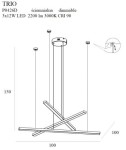 Trio LED lampa wisząca 3-punktowa w złotym kolorze, z trzema ramionami w kształcie krzyżowym. Wymiary: długość 100 cm, wysokość 150 cm. Lampa jest ściemnialna, z źródłem LED 3x12W, emitującym 2200 lm w ciepłej barwie 3000K.
