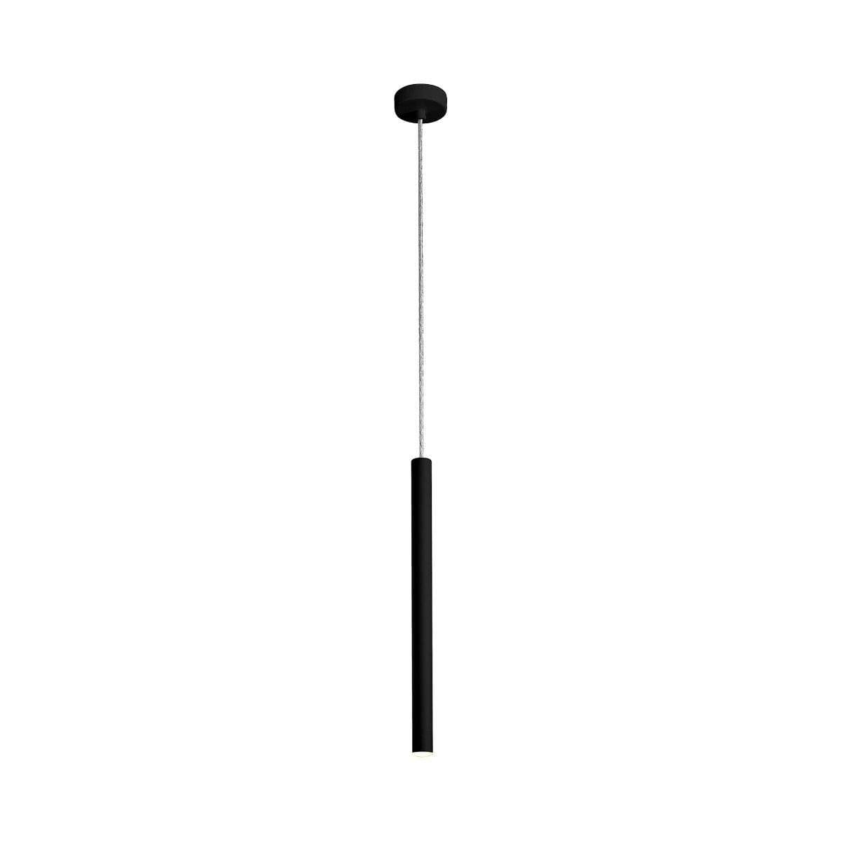 Loya LED lampa wisząca 1-punktowa, matowa, czarna, o cylindrycznym kształcie. Zawieszona na cienkim sznurku, z widocznym źródłem światła na dole. Prosty, nowoczesny design, idealna do użytku w pomieszczeniach. Tło białe, co podkreśla elegancję lampy.