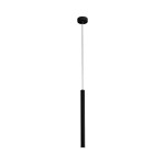 Loya LED lampa wisząca 1-punktowa, matowa, czarna, o cylindrycznym kształcie. Zawieszona na cienkim sznurku, z widocznym źródłem światła na dole. Prosty, nowoczesny design, idealna do użytku w pomieszczeniach. Tło białe, co podkreśla elegancję lampy.