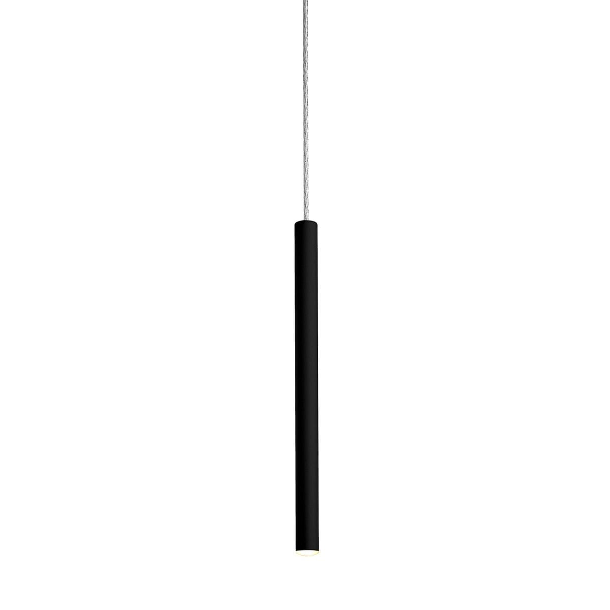 Czarna matowa lampa wisząca Loya LED w kształcie prostokątnego słupka, zawieszona na cienkim przewodzie. Prosty design, idealna do nowoczesnych wnętrz. Widoczna źródło światła na dolnej krawędzi.
