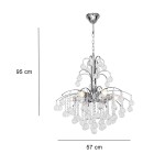 Monte Carlo żyrandol 6-punktowy w kolorze chromu, o wysokości 95 cm i szerokości 57 cm. Wyposażony w dekoracyjne kryształowe elementy oraz wiszące łańcuchy. Idealny do eleganckich wnętrz.