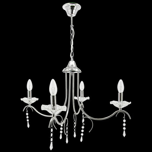 Żyrandol Walencja 4-punktowy w kolorze chromu, z czterema stylowymi ramionami. Każde z ramion zakończone lampą w kształcie świecy, ozdobiony kryształkami i delikatnymi detalami. Zawieszony na łańcuszku, idealny do eleganckich wnętrz.