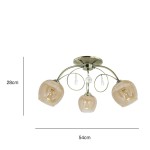 Lampa sufitowa Carmen 3-punktowa w mosiężnym wykończeniu. Posiada trzy szklane klosze w kolorze bursztynowym, wiszące na metalowych ramionach. Wymiary: 54 cm szerokości, 28 cm wysokości. Elementy dekoracyjne, w tym kryształowe detale.