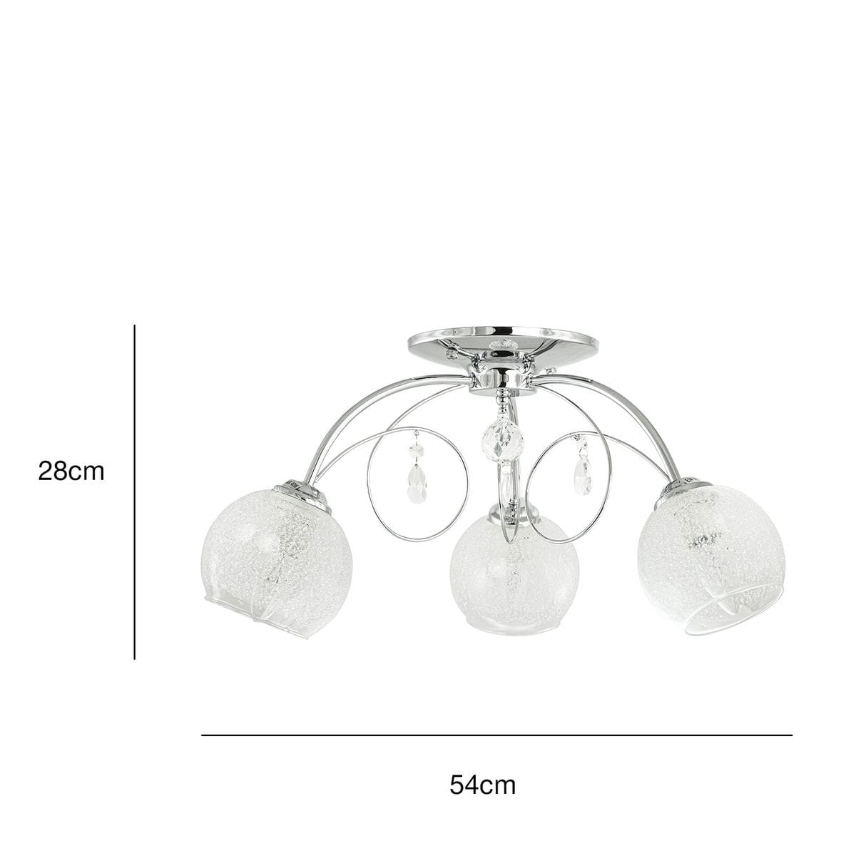 Lampa sufitowa Carmen 3-punktowa, chromowana, z trzema szklanymi kloszami o teksturowanej powierzchni. Wymiary: 28 cm wysokości, 54 cm średnicy. Klosze zawieszone na eleganckich, zakrzywionych ramionach, z dekoracyjnymi kryształkami.