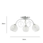 Lampa sufitowa Carmen 3-punktowa, chromowana, z trzema szklanymi kloszami o teksturowanej powierzchni. Wymiary: 28 cm wysokości, 54 cm średnicy. Klosze zawieszone na eleganckich, zakrzywionych ramionach, z dekoracyjnymi kryształkami.