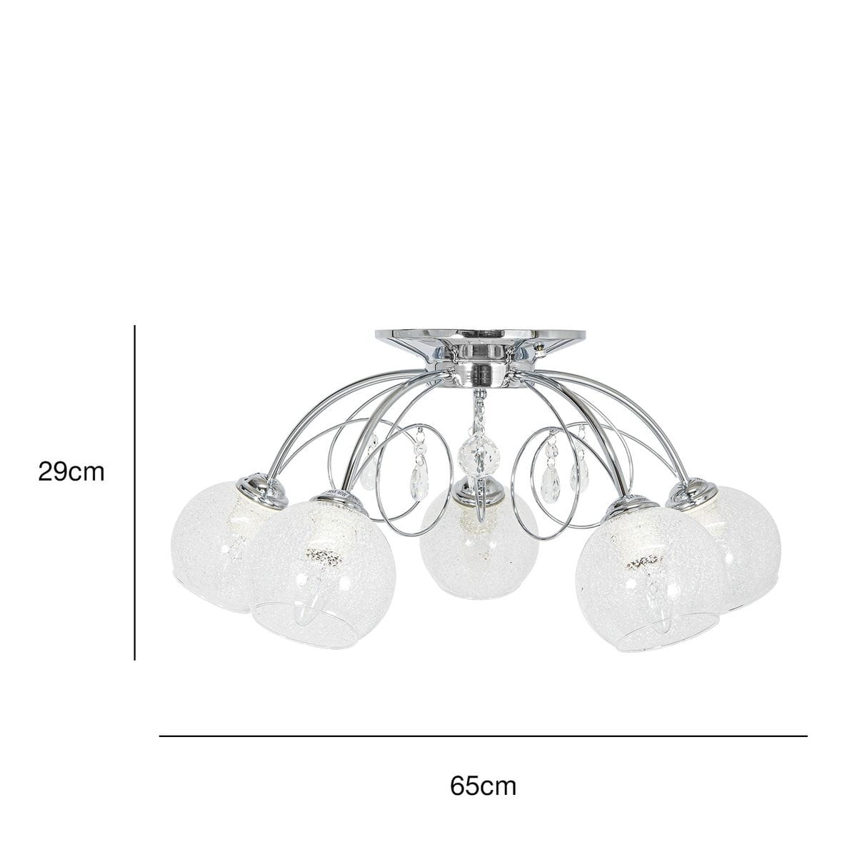 Lampa sufitowa Carmen 5-punktowa w chromowanej oprawie, z pięcioma szklanymi kloszami w białym kolorze, o wymiarach 29 cm wysokości i 65 cm średnicy. Klosze mają efektowne, teksturowane wykończenie, z ozdobnymi elementami.