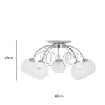 Lampa sufitowa Carmen 5-punktowa w chromowanej oprawie, z pięcioma szklanymi kloszami w białym kolorze, o wymiarach 29 cm wysokości i 65 cm średnicy. Klosze mają efektowne, teksturowane wykończenie, z ozdobnymi elementami.