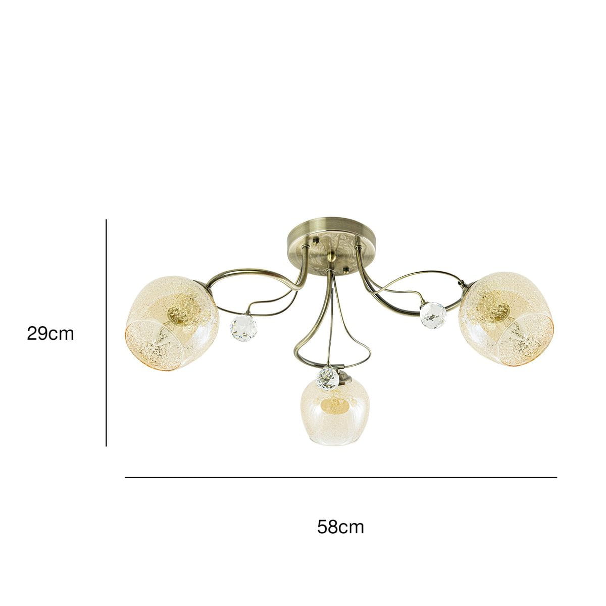 Lampa sufitowa Blanka 3-punktowa w odcieniu patyny, o średnicy 58 cm i wysokości 29 cm. Posiada trzy klosze w kształcie kul z przezroczystego szkła, zdobione kryształkami. Ułożona w formie rozłożonej, montowana do sufitu.