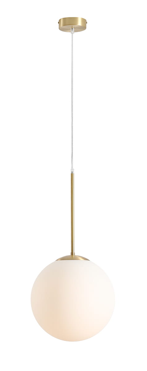Lampa wisząca Bosso D30 w kolorze mosiądzu z białą, okrągłą kloszem z mlecznego szkła. Produkt zawieszony na cienkim, przezroczystym kablu, z okrągłą podsufitką. Idealna do nowoczesnych wnętrz.