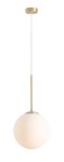 Lampa wisząca Bosso D30 w kolorze mosiądzu z białą, okrągłą kloszem z mlecznego szkła. Produkt zawieszony na cienkim, przezroczystym kablu, z okrągłą podsufitką. Idealna do nowoczesnych wnętrz.