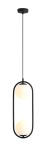 Czarna lampa wisząca Riva 2-punktowa z okrągłymi, matowymi kloszami w kolorze białym. Produkt zawieszony na cienkim, czarnym przewodzie, o nowoczesnym, minimalistycznym designie. Ujęcie frontalne.