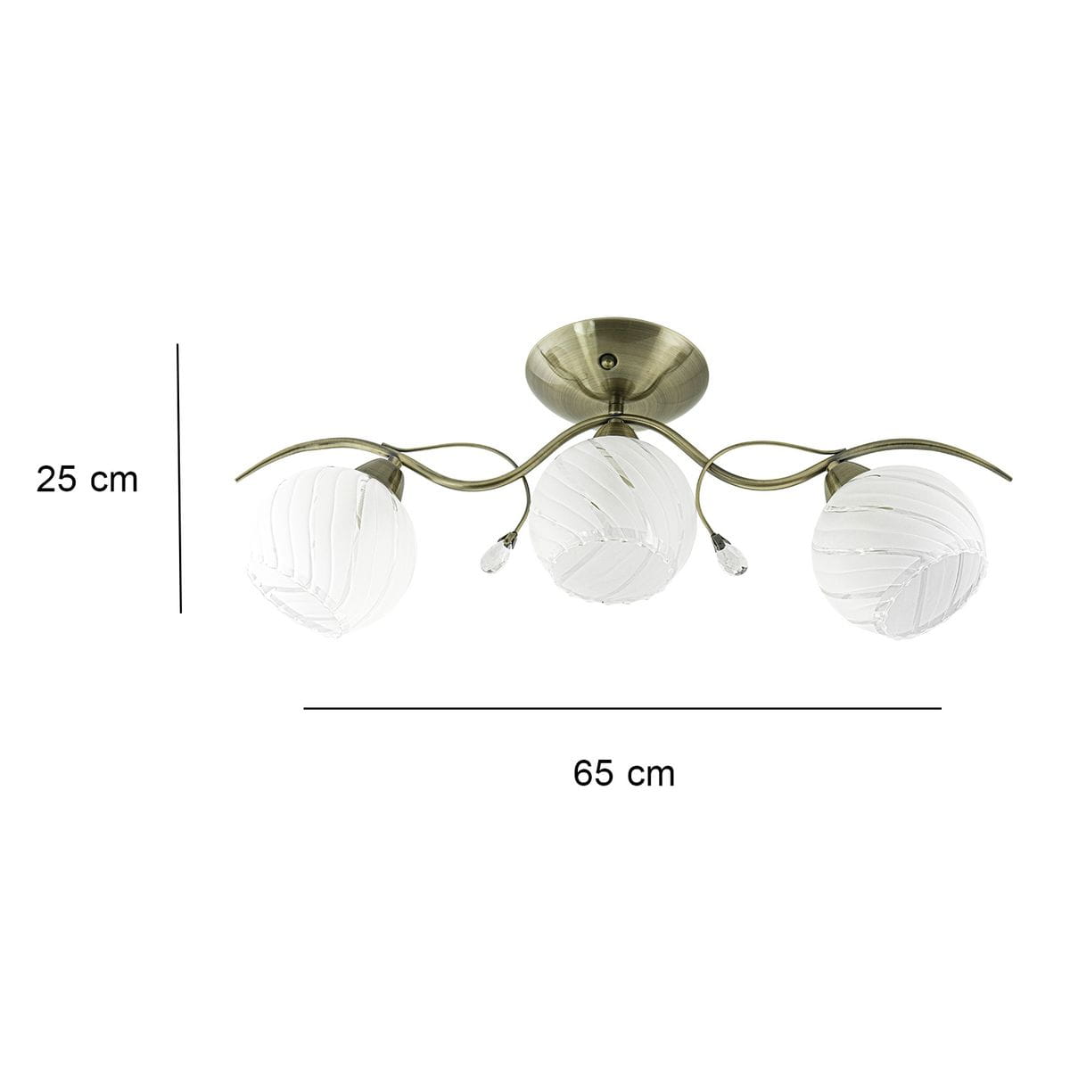 Lampa sufitowa Sting 3-punktowa w kolorze mosiądzu z trzema okrągłymi kloszami w białym, teksturowanym szkle. Wymiary: 25 cm wysokości, 65 cm szerokości. Klosze umieszczone na falistych ramionach, montowana do sufitu.