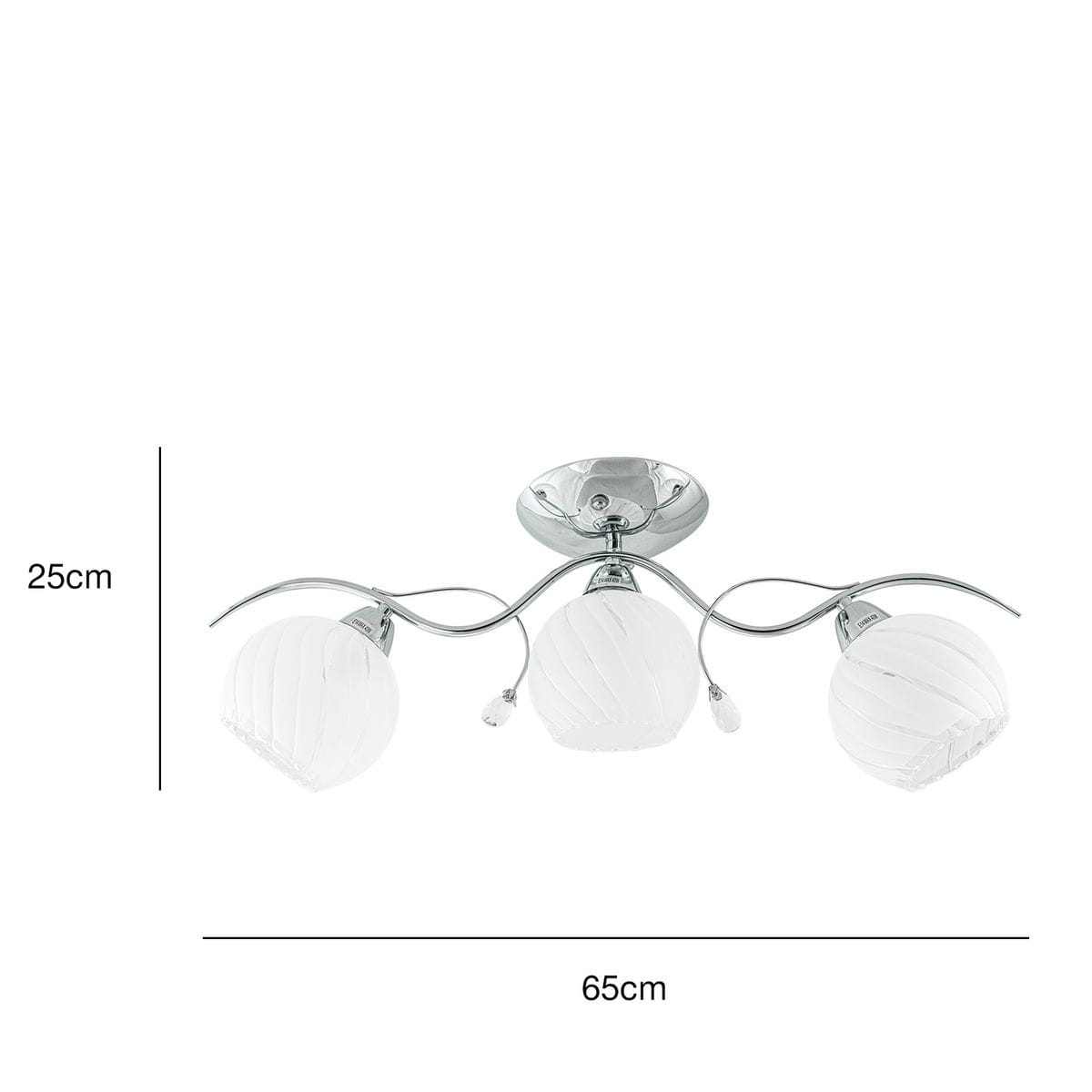 Lampa sufitowa Sting 3-punktowa w kolorze chromu. Posiada trzy białe, szklane klosze o okrągłym kształcie z delikatnym wzorem. Wymiary: wysokość 25 cm, szerokość 65 cm. Ujęcie frontalne, ukazujące elegancki design i detale montażowe.