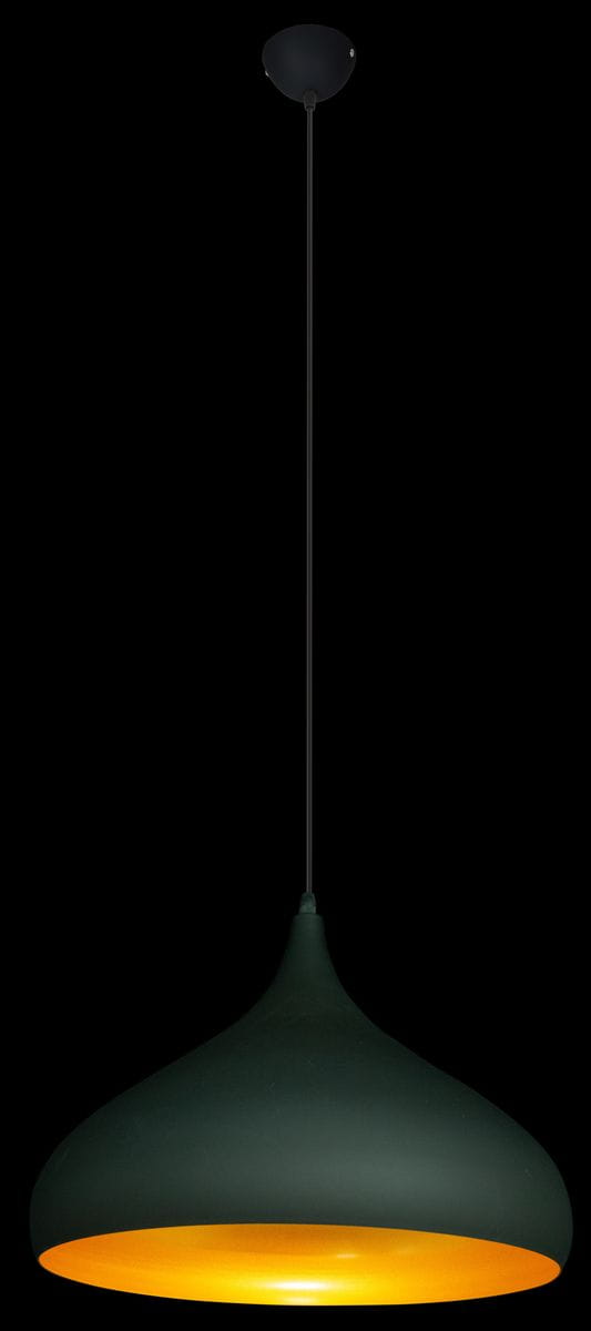 Czarna lampa wisząca Aron 1-punktowa z matowym kloszem w kształcie dzwonu, z widocznym żółtym wnętrzem. Produkt zawieszony na cienkim, czarnym przewodzie, prezentujący nowoczesny design, idealny do różnych aranżacji wnętrz.