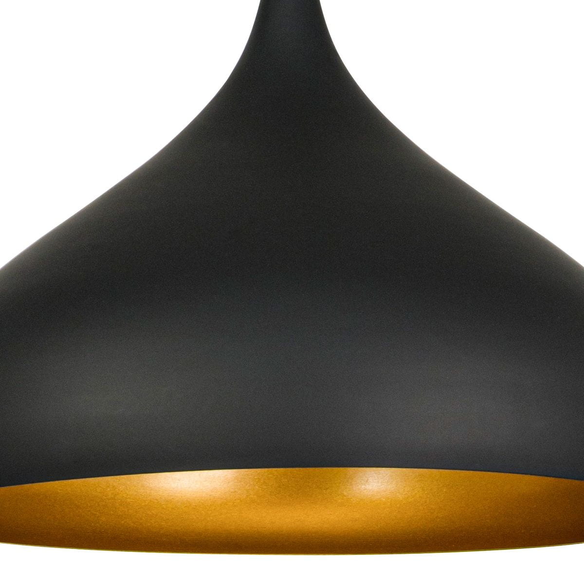 Czarna lampa wisząca Aron 1-punktowa o kształcie stożka. Górna część matowa, dolna z połyskiem w kolorze złotym. Produkt zawieszony, widok z bliska na detal. Idealna do nowoczesnych wnętrz.