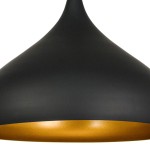 Czarna lampa wisząca Aron 1-punktowa o kształcie stożka. Górna część matowa, dolna z połyskiem w kolorze złotym. Produkt zawieszony, widok z bliska na detal. Idealna do nowoczesnych wnętrz.