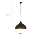 Czarna lampa wisząca Aron o wysokości 115 cm i średnicy 42 cm, z matowym wykończeniem oraz złotym wnętrzem klosza. Zawieszona na cienkim przewodzie, ma nowoczesny, elegancki kształt w formie lekko spłaszczonego stożka.