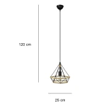 Lampa wisząca Piramida D25 o wysokości 120 cm i średnicy 25 cm. Czarna konstrukcja z metalowymi elementami w kształcie piramidy, z naturalnym sznurkiem dekoracyjnym. Idealna do nowoczesnych wnętrz.