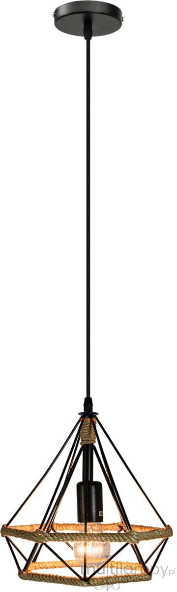 Lampa wisząca Piramida D25 w kolorze czarnym, o geometrycznym kształcie, z metalowym stelażem i naturalnym sznurkiem dekoracyjnym. Zawieszona na długim, czarnym kablu, idealna do nowoczesnych wnętrz. Przeznaczona do jednego źródła światła.