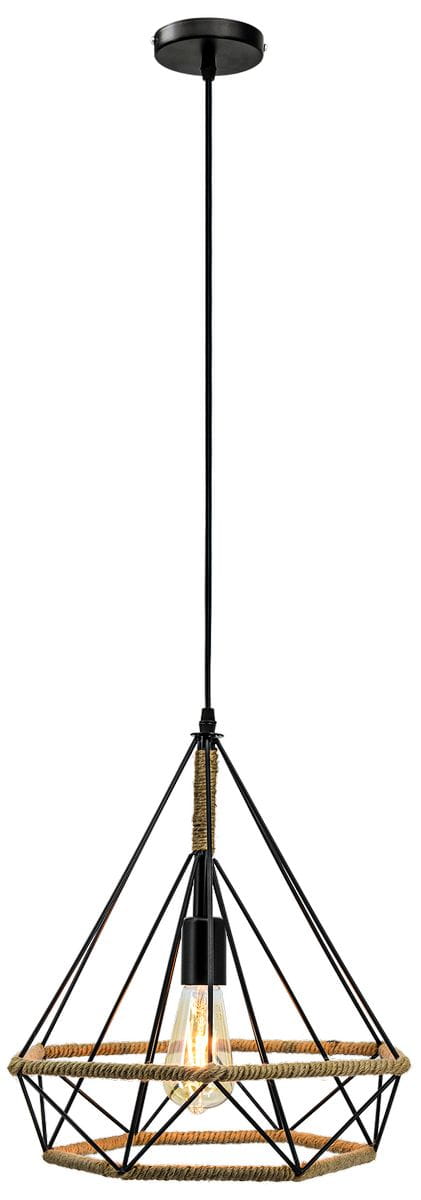 Lampa wisząca Piramida D39 z czarnym metalowym stelażem i naturalnym sznurkiem, o kształcie piramidy. Zawieszona na długim przewodzie, z widoczną żarówką w centralnej części. Idealna do nowoczesnych wnętrz.