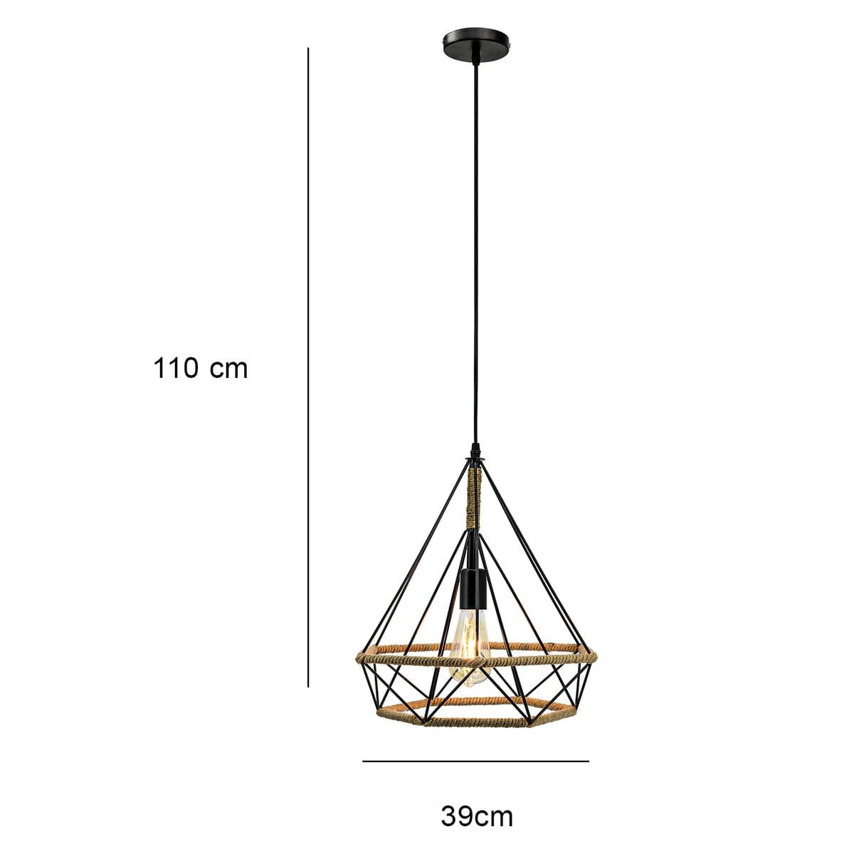 Lampa wisząca Piramida D39 w czarnym kolorze, o wysokości 110 cm i średnicy 39 cm. Konstrukcja z metalowych prętów w kształcie piramidy, z naturalnym sznurkiem. Widoczna oprawka na żarówkę, bez źródła światła. Zawieszona na cienkim, czarnym kablu.