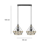 Czarna lampa wisząca Piramida 2-punktowa z sznurkiem, w kształcie diamentu. Wymiary: wysokość 100 cm, szerokość 60 cm. Dwie klosze z metalową konstrukcją i naturalnym sznurkiem dekoracyjnym, zawieszone na prostokątnej podstawie.