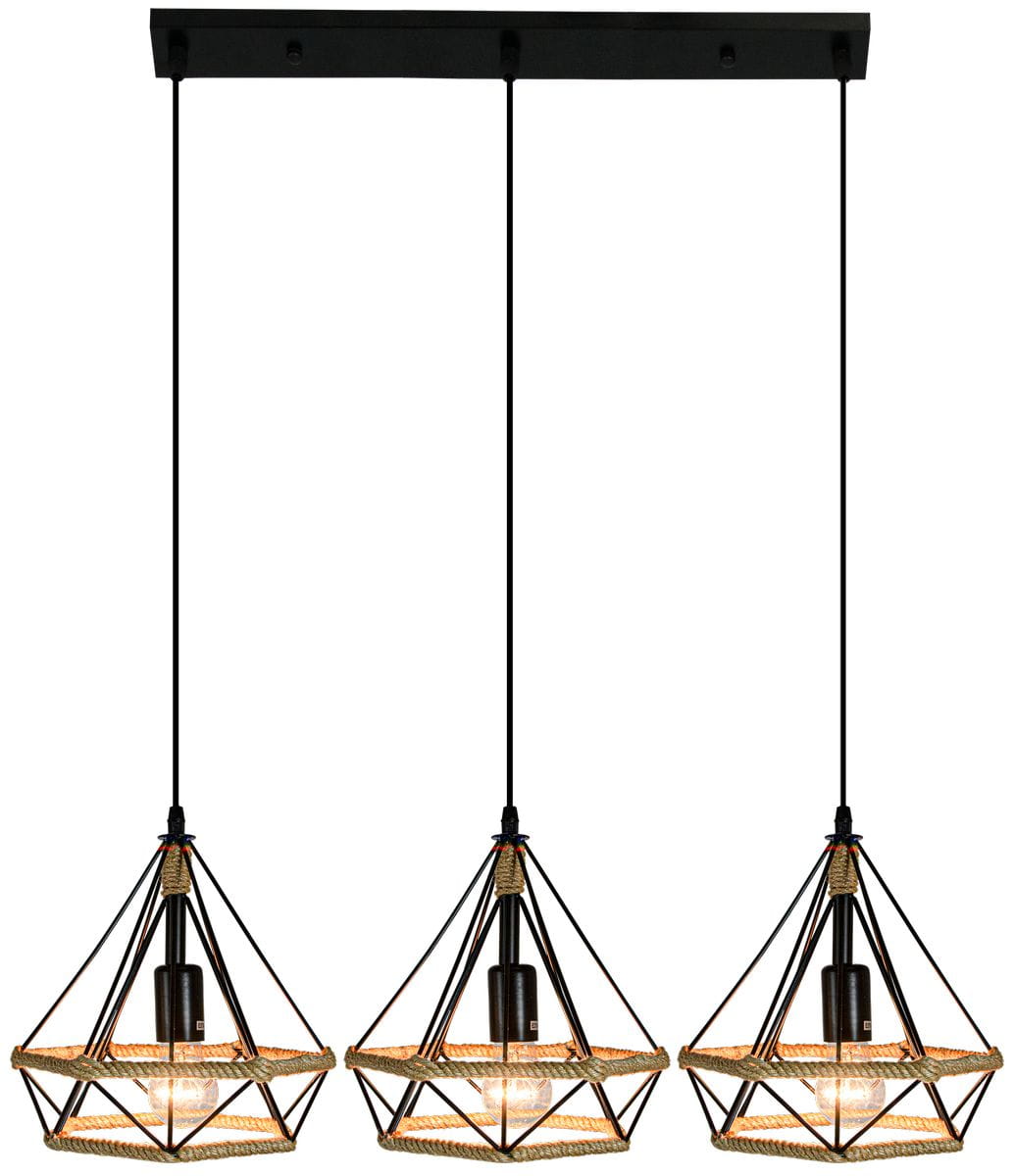 Lampa wisząca Piramida 3-punktowa w kolorze czarnym z sznurkiem, z trzema kloszami w formie diamentów, zawieszona na długich linkach, na prostokątnej podstawie. Wysokiej jakości metal i sznurek, nowoczesny design.