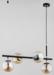 Lampa wisząca Fiore 4-punktowa w kolorze czarnym i złotym. Posiada cztery kuliste klosze w odcieniu złota zawieszone na poziomej, czarnej rurce. Wykończenia metalowe w kolorze złotym, kabel wiszący, nowoczesny design.