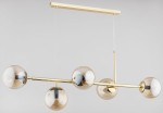 Lampa wisząca Dansa 5-punktowa w kolorze złotym. Posiada pięć szklanych kul w odcieniach przezroczystych i metalowych, zawieszona na cienkich linkach. Prosty, nowoczesny design z poziomym stelażem. Idealna do salonu lub jadalni.