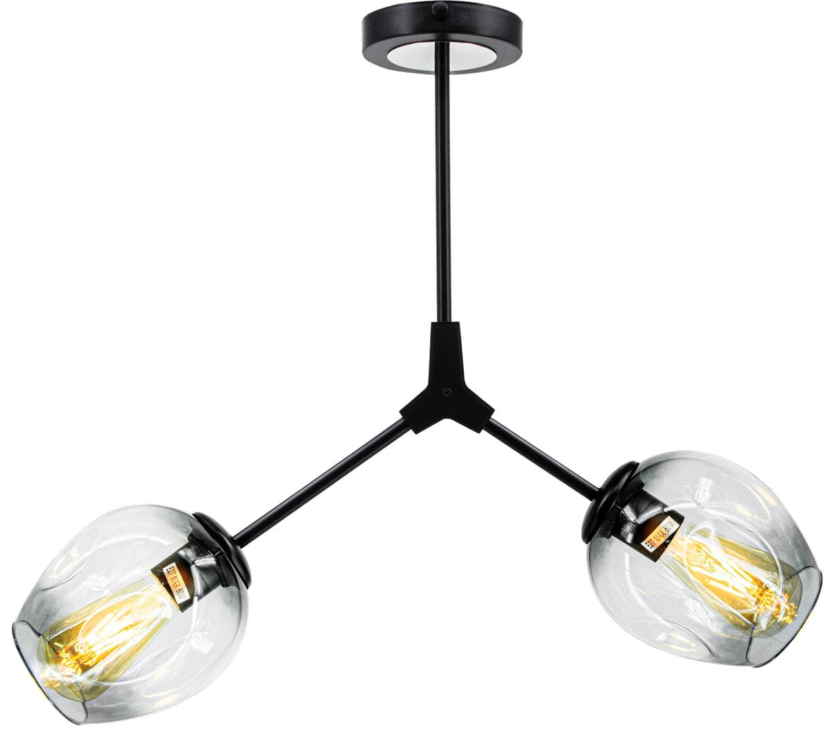 Czarna lampa sufitowa Boston 2-punktowa z szklanymi kloszami, zawieszona na cienkim, czarnym przewodzie. Klosze o kulistym kształcie, z widocznymi żarówkami, zapewniają nowoczesny wygląd. Montaż sufitowy, w układzie symetrycznym.