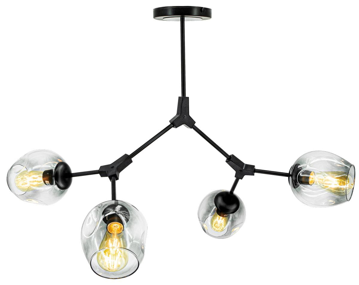 Czarna lampa sufitowa 4-punktowa Boston 1962/4 z przezroczystymi kloszami. Ułożona w centralnej części, z czterema żarówkami w kształcie bańki, mocowana do sufitu za pomocą czarnego uchwytu. Nowoczesny design, idealna do różnych wnętrz.