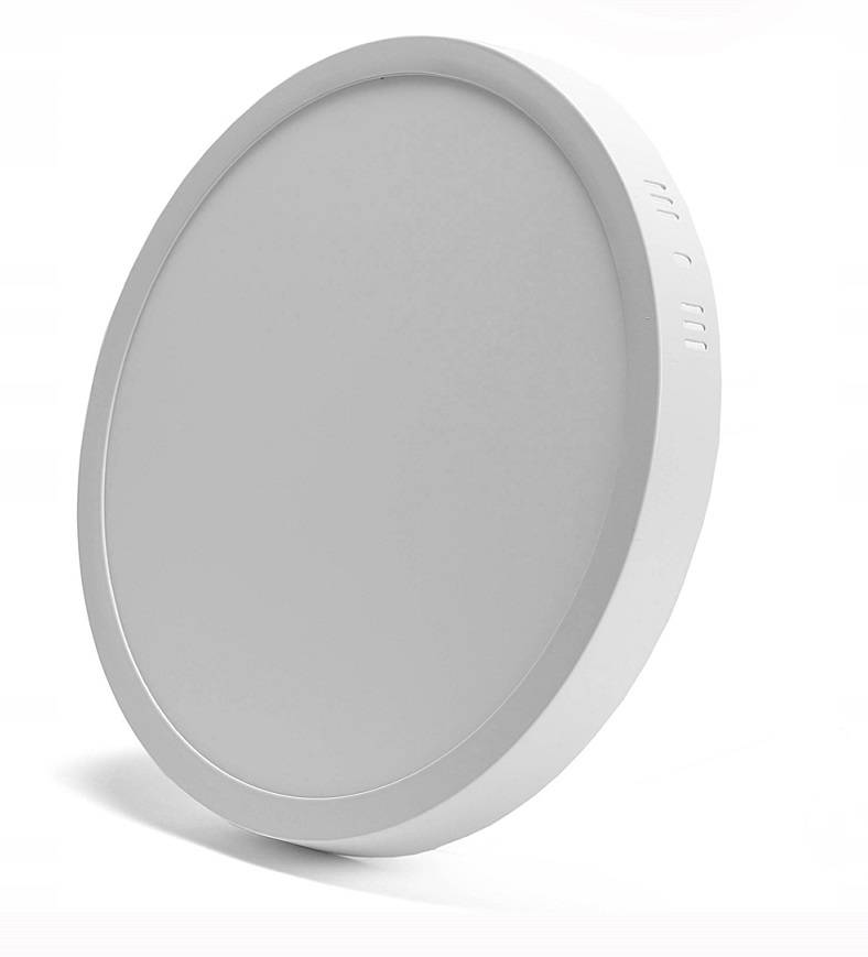 Panel LED natynkowy okrągły o średnicy 28,5 cm, mocy 24W, barwie światła 4000K. W kolorze białym, o gładkiej, matowej powierzchni, widoczny z boku, lekko zaokrąglony. Idealny do montażu sufitowego w nowoczesnych wnętrzach.