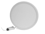 Okrągły panel LED o średnicy 28,5 cm, mocy 24W, barwie światła 4000K, w kolorze białym. Produkt leży na płaskiej powierzchni, obok widoczny zasilacz. Błyszcząca powierzchnia sprawia, że panel jest estetyczny i nowoczesny.