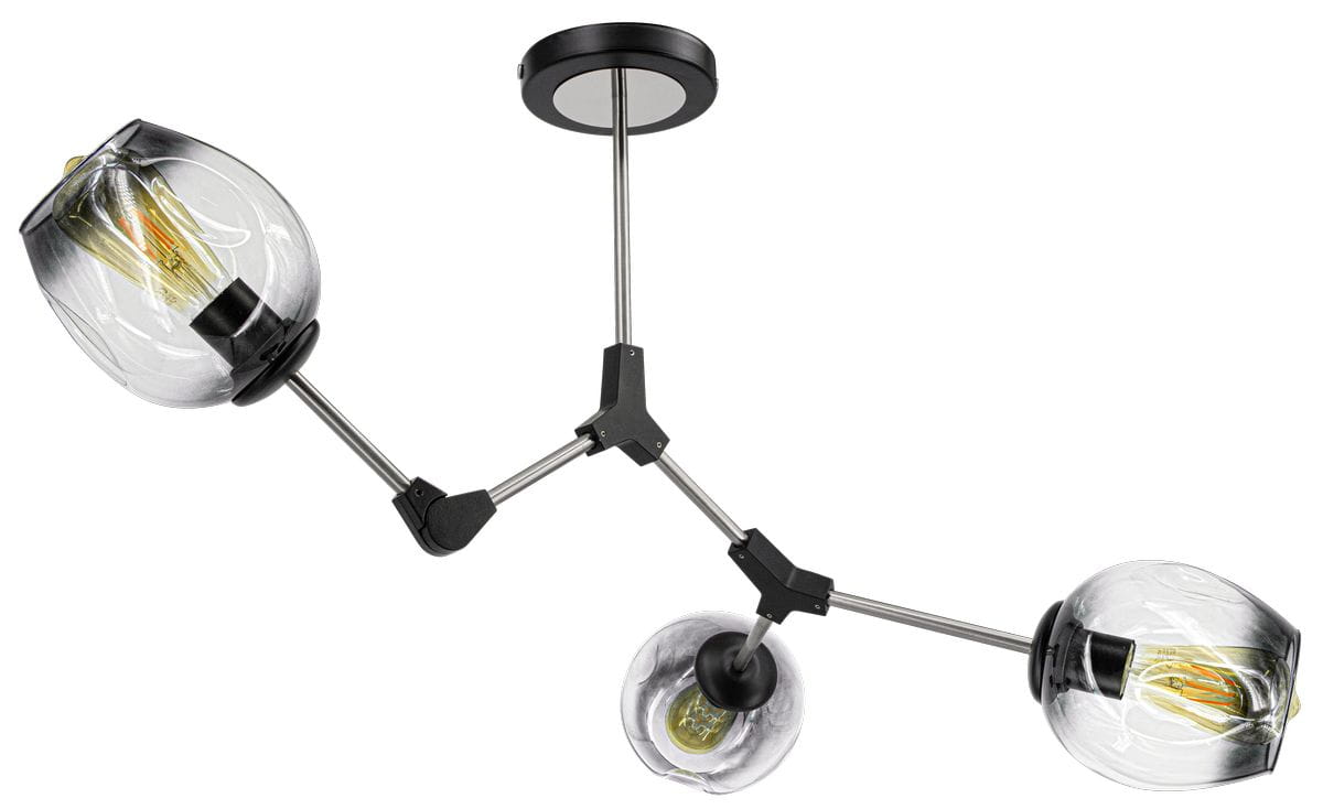 Lampa sufitowa Boston 3-punktowa w kolorze tytanowym i czarnym, z trzema przezroczystymi kloszami w kształcie kul. Ułożona w formie rozłożonej, z aluminiowymi łącznikami, mocowana do sufitu. Idealna do nowoczesnych wnętrz.