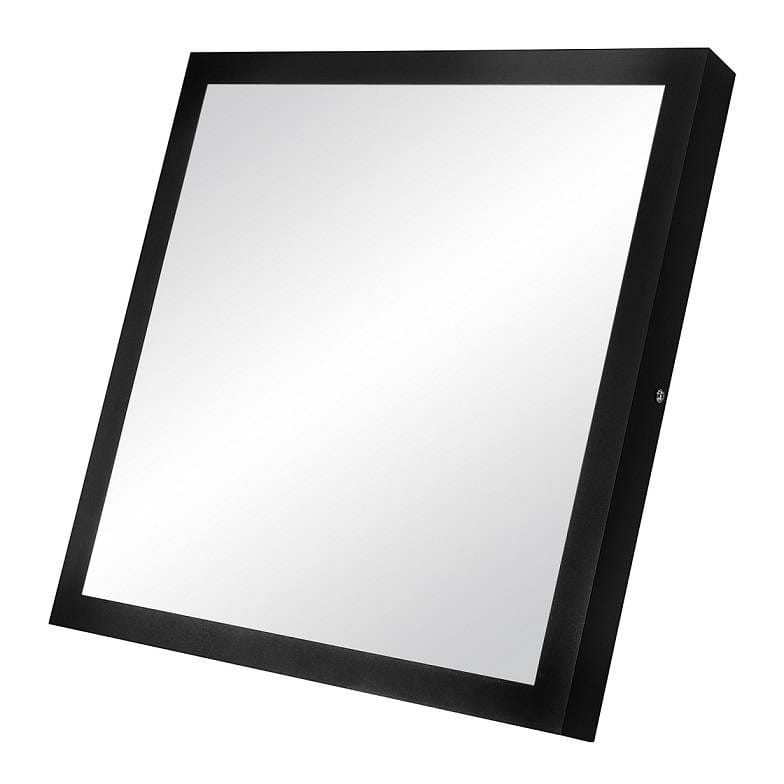 Panel LED natynkowy kwadratowy o wymiarach D40x40 cm, w kolorze czarnym. Posiada matową powierzchnię z delikatnym połyskiem. Ujęcie z boku, ukazujące prostokątną ramę. Idealny do montażu sufitowego w różnych wnętrzach.