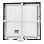 Panel LED natynkowy kwadratowy o wymiarach D40x40 cm, kolor czarny, widok z tyłu. Zawiera biały element mocujący, widoczny zasilacz LED oraz oznaczenia techniczne. Idealny do montażu sufitowego w różnych przestrzeniach.