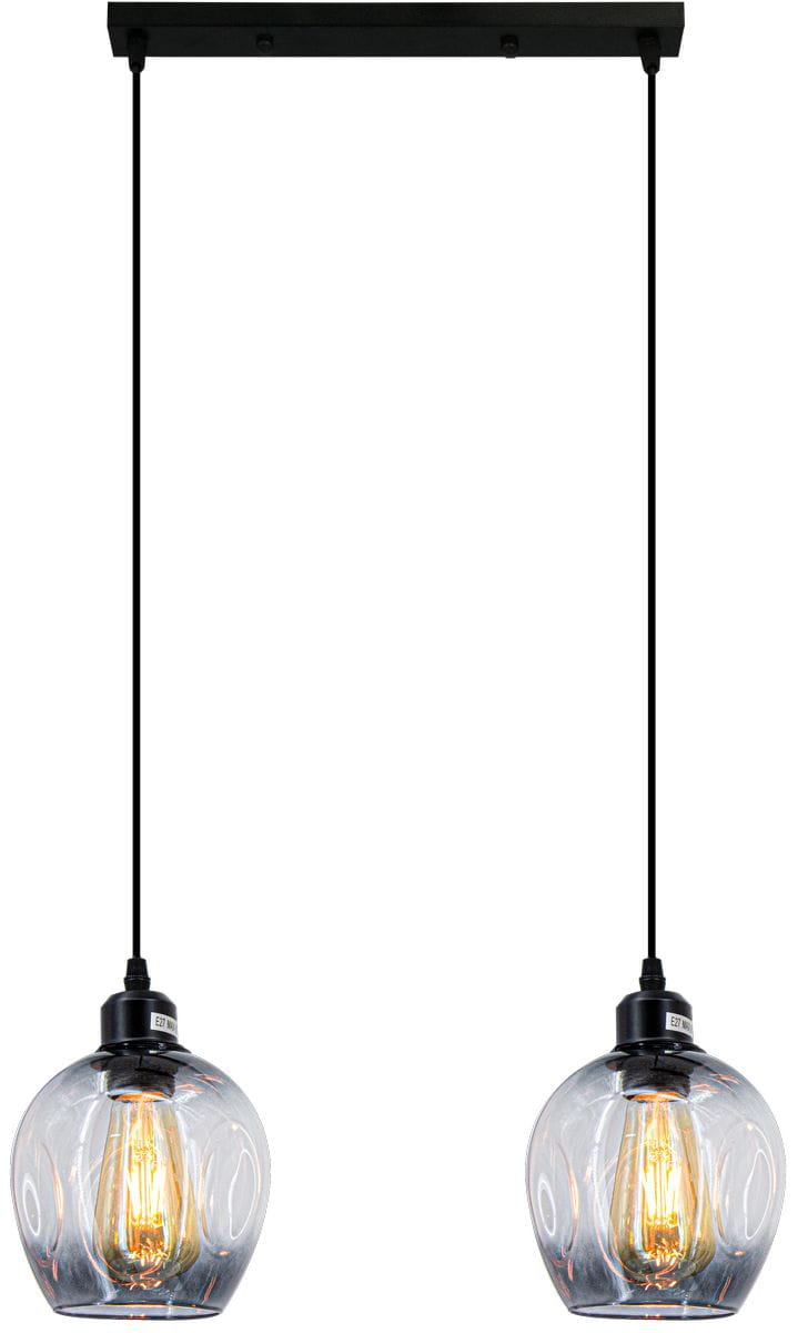 Czarna lampa wisząca Atena 2-punktowa z przezroczystymi kloszami, zawieszona na dwóch cienkich kabelkach. Klosze mają okrągły kształt i widoczną żarówkę E27, montowane na prostokątnej podsufitce. Tło białe.